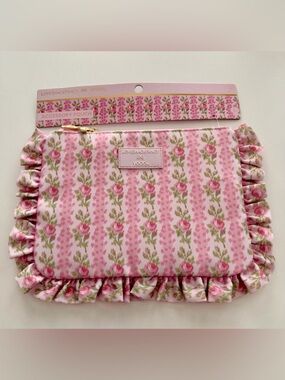 LoveShackFancy x Yoobi Pink Floral Ruffle Accessory Pouch with Gold Bow Zipper